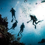 Group of divers in silhouette over the reef in San Pedro Belize photographed by Belize dive photographer Will Blochinger